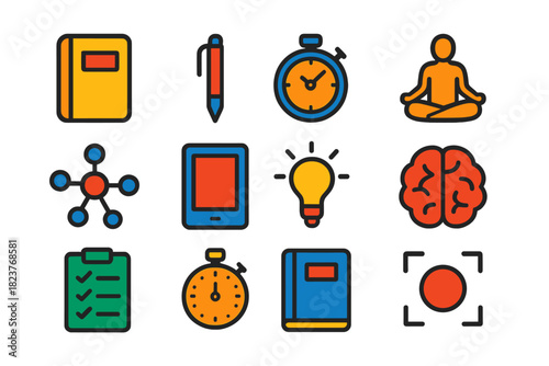 Mental Training Icons. Flat vector icons of Mental Training Tools: Notebook, Pen, Timer, Meditation Pose, Mind Map, Tablet,