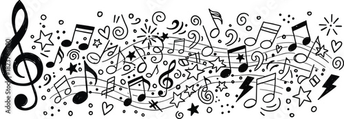 Musical notes and symbols abstract black and white illustration