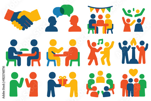 Social Interaction Icons. Flat vector icons of Social Interactions: Handshake, Conversation, Group Meeting, Festival, Sharing Food