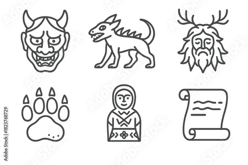Line Style Mythical Icons. Line style icons of Cultural Variants of Legends: yokai mask, chupacabra outline, European forest