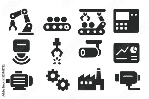 Industrial Robotics Icons. Solid style icons of industrial robotics: robotic arm, conveyor belt, assembly line, control panel,