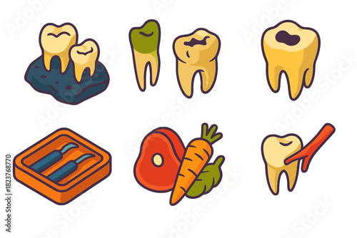 Ancient Dental Health Icons. Isometric vector illustration set Paleopathology of dental health: archaeological teeth, worn