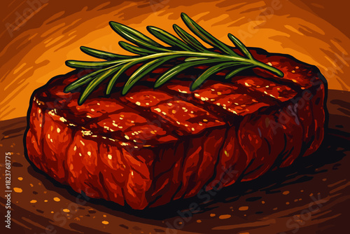 Rosemary Steak Delight. Close-up of a perfectly cooked steak garnished with rosemary, illuminated by soft warm light, rich