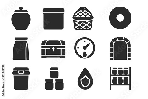 Tea Storage Icons. Solid style icons of tea storage: clay jar, sealed tin, bamboo basket, pu-erh cake, foil bag, wooden chest,