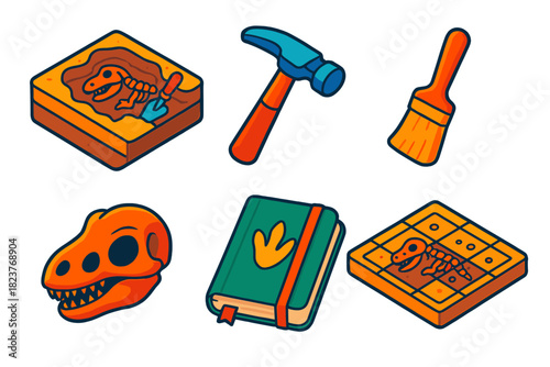 Paleontology Study Icons. Isometric vector illustration set Paleontology Research: fossil excavation site, rock hammer, brush tool