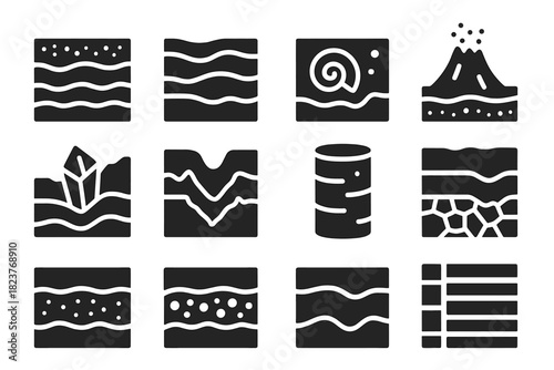 Geological Layer Icons. Solid style icons of Geological layers: soil strata, sediment rocks, fossil layer, volcanic ash, mineral