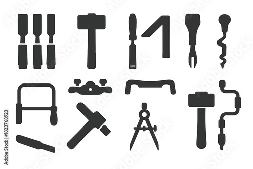 Hand Tool Mastery Icons. Solid style icons of hand tool mastery: chisels set, wooden hammer, marking knife, carpenter square,