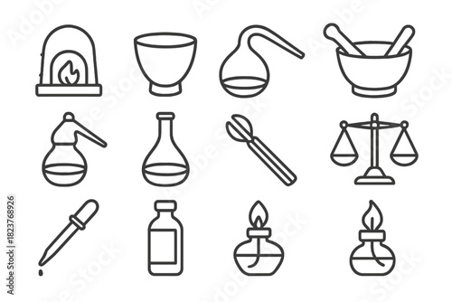 Alchemist Tools Icons. Line style icons of Alchemist Tools: Furnace, Crucible, Retort, Mortar; Pestle, Alembic, Flask, Tongs;
