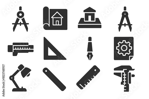 Engineer's Desk Essentials. Solid style icons of Engineer’s Desk: Drafting Compass, Blueprint, Scale Model, Divider, Slide Rule,