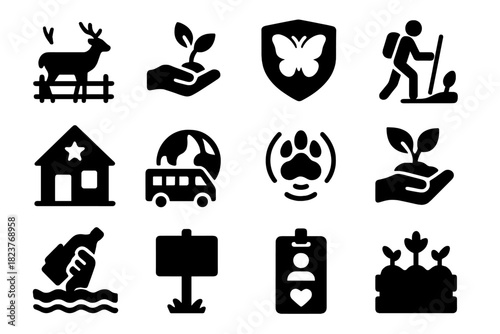 Conservation Icons. Solid style icons of conservation programs: wildlife reserve, tree planting, protected species, nature trail,