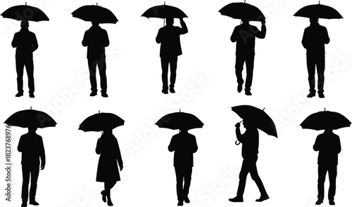 People with Umbrella Silhouettes Vector Set, Diverse Figures Walking Standing in Rain, Protection from Weather, Autumn Season, Insurance, Travel, Crowd Element Graphics Isolated.