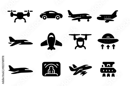 Futuristic Flying Vehicles. Solid style icons of futuristic aircraft: VTOL drone, flying car, electric plane, hybrid jet,