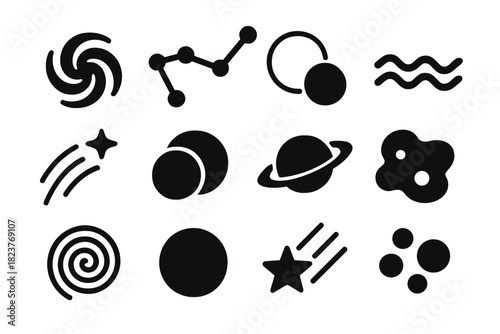 Cosmic Pattern Icons. Solid style icons of Cosmic Patterns: Spiral Galaxy, Constellation, Orbit, Wave, Star Trail, Eclipse, Ring,