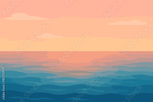 Serene Sunset Horizon. Expansive view of a calm ocean meeting a soft pink and orange horizon vector illustration at sunset,