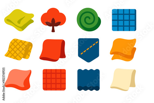 Vivid Fabric Icons. Flat vector icons of Fabric Types: Silk, Cotton, Wool, Linen, Polyester, Nylon, Velvet, Denim, Chiffon, Satin,