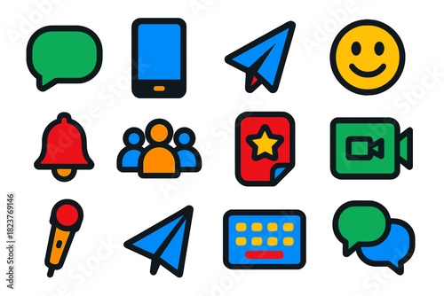 Colorful Messaging Icons. Flat vector icons of Messaging Apps: Chat Bubble, Smartphone, Send Icon, Emoji, Notification Bell, Group