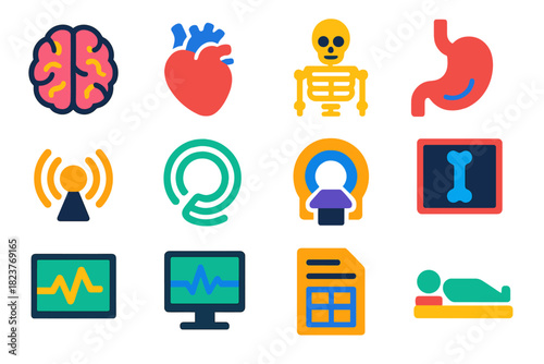 Bold Medical Icons. Flat vector icons of Medical Imaging Concepts: Brain, Heart, Skeleton, Organ Icon, Ultrasound Wave, MRI Coil,