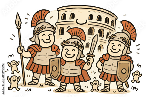 Whimsical Roman Reenactment. Whimsical doodle Roman reenactment with happy centurions, laurel crowns smiling, amphitheater with a