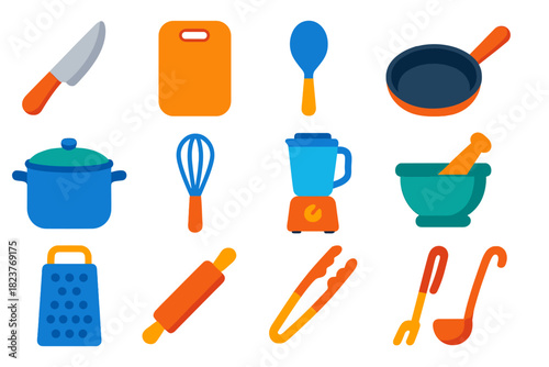 Flat Kitchen Tools. Flat vector icons of Food Preparation Tools: Knife, Cutting Board, Spoon, Pan, Pot, Whisk, Blender, Mortar