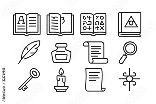 Arcane Library Icons. Line style icons of Arcane Libraries: Manuscript, Missing Leaves, Encoded Script, Secret Knowledge; Quill,