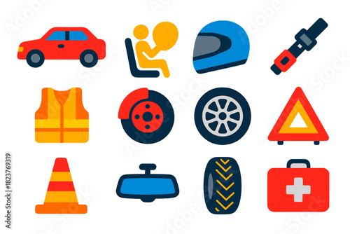 Vehicle Safety Icons. Flat vector icons of Vehicle Safety: Car, Airbag, Helmet, Seatbelt, Reflective Vest, Brake, Wheel, Warning