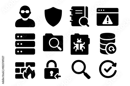 Incident Response Icons. Solid style icons of incident response: security analyst, shield, logbook, alert popup, server,