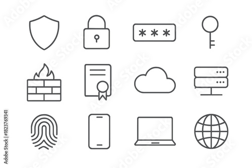 Digital Security Icons. Line style icons of Digital Security: Shield, Lock, Password, Key; Firewall, Certificate, Cloud, Server;