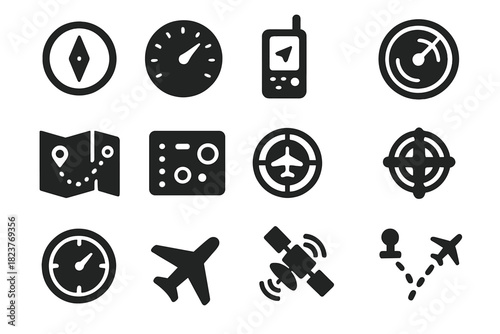 Aviation Instrument Icons. Solid style icons of aerial navigation: compass, altimeter, GPS unit, radar screen, flight map,