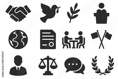 Diplomacy Icons. Solid style icons of international diplomacy and conflict resolution: handshake, peace dove, olive branch, podium