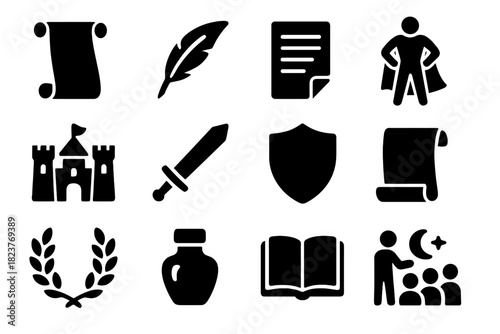 Epic Literature Icons. Solid style icons of epic literature: scroll, quill, manuscript, hero figure, castle, sword, shield,