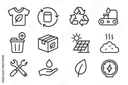 Circular Sustainability Icons. Line style icons of Circular Sustainability: Product Design, Material Reuse, Recycle Symbol,