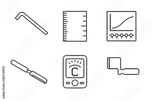 Guitar Maintenance Tools. Line style icons of Guitar Maintenance and Setup: truss rod wrench, string height gauge, intonation