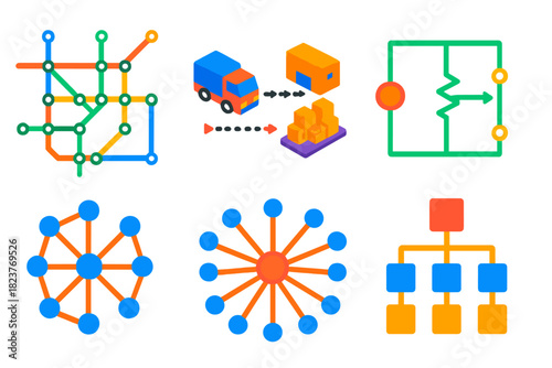 Colorful Graph Icons. Isometric vector illustration set Graph Applications: transport metro map, supply chain flow, electric