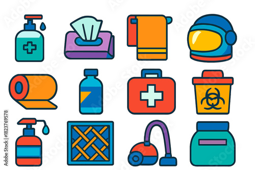 Space Hygiene Icons. Flat vector icons of space hygiene and health: sanitizer, wipes, towel, helmet visor, exercise mat, water