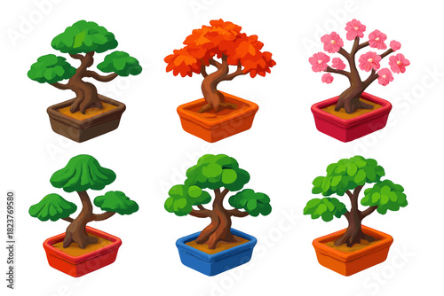 Vibrant Bonsai Collection. Isometric vector illustration set Bonsai Tree Species: juniper bonsai, maple bonsai, ficus bonsai,