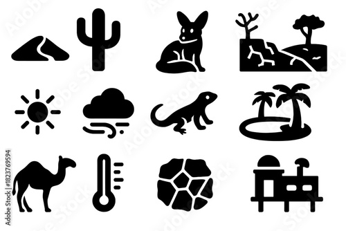 Arid Ecology Icons. Solid style icons of Arid Ecology: sand dune, cactus, desert fox, land degradation, sun, sandstorm, lizard,