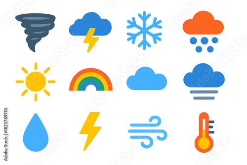 Weather Icon Collection. Flat vector icons of Weather Phenomena: Tornado, Thunderstorm, Snowflake, Hailstone, Sun, Rainbow, Cloud,