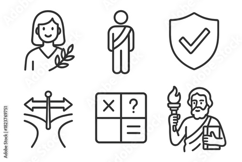 Moral Law Icons. Line style icons of Moral Foundations of Law: virtue icon, duty-bound figure, rights shield, consequentialist