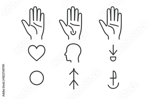 Hand Palmistry Icons. Line style icons of Hand Reading: Palm Lines, Life Line, Mount Symbols, Divination; Heart Line, Head Line,