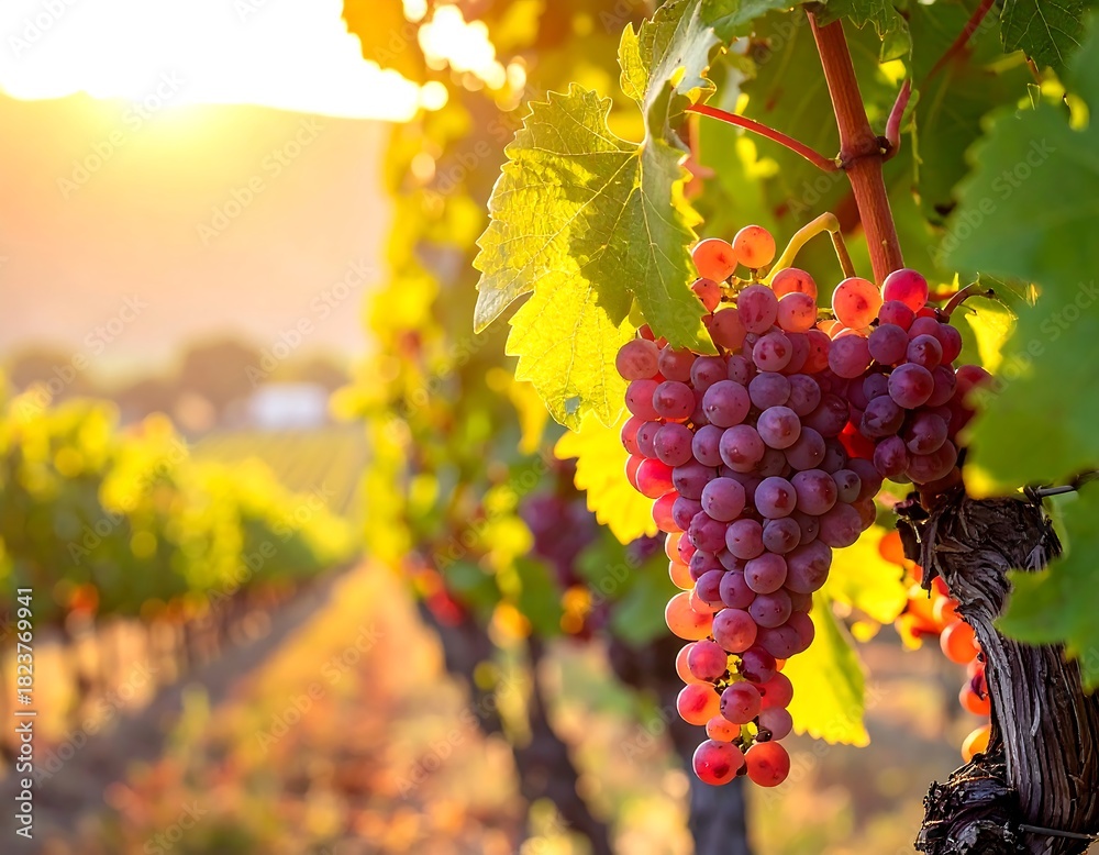 Fototapeta premium Close-up of ripe grapes with sunshine shining on a vineyard