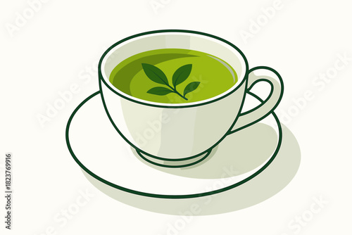 Minimalist Herbal Teacup. Minimalist teacup filled with herbal tea placed on a clean white surface, vibrant green tones and sharp