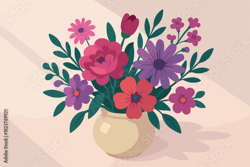 Vibrant Floral Flat Lay. Elegant flat lay of colorful flowers arranged in a ceramic vase, vibrant vector illustration pinks and