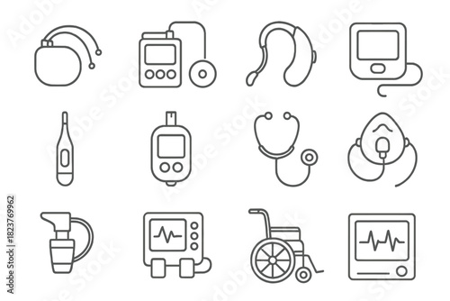 Medical Device Icons. Line style icons of Medical Devices: Pacemaker, Insulin Pump, Hearing Aid, Blood Pressure Monitor;