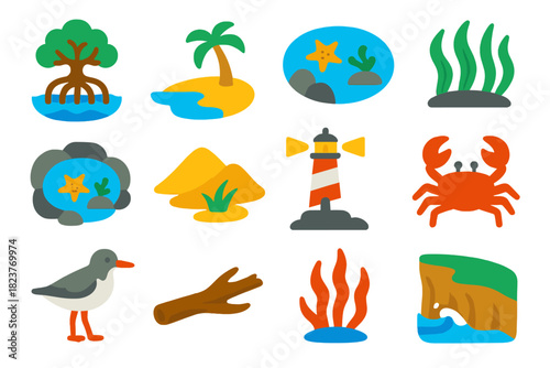 Coastal Ecosystem Icons. Flat vector icons of coastal ecosystems: mangrove, sandy beach, tidal pool, seagrass, rock pool, dune,