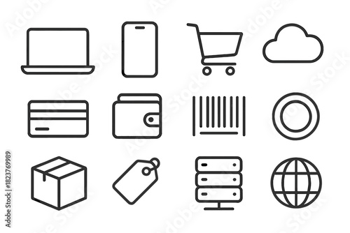 Digital Trade Icons. Line style icons of Digital Trade: Laptop, Smartphone, Shopping Cart, Cloud; Credit Card, Wallet, Barcode,
