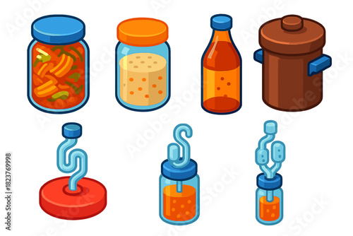 Bold Fermentation Techniques Icons. Isometric vector illustration set Fermentation Techniques: kimchi jar, sourdough starter,