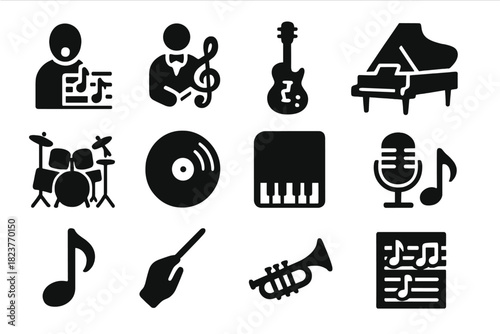 Historical Music Icons. Solid style icons of Historical Music: Gregorian chant, Baroque symphony, rock guitar, harpsichord, drum