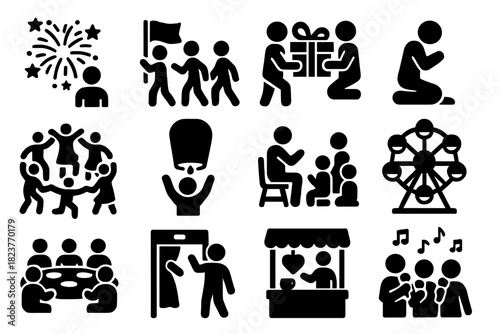 Festival Activity Icons. Solid style icons of festival activities: fireworks display, parade, gift exchange, prayer ritual, dance