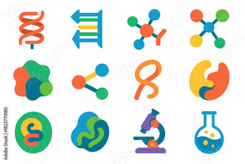 Protein Folding Icons. Flat vector icons of Protein Folding: Helix, Beta Sheet, Amino Acid, Molecular Chain, Protein Structure,