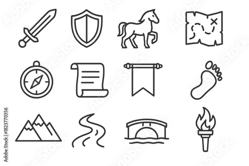 Heroic Journey Icons. Line style icons of Heroic Journeys: Sword, Shield, Horse, Map; Compass, Scroll, Banner, Footprint; Mountain
